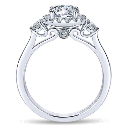 14K White Gold Diamond Round Pave Halo ANd Side Stone Setting 14K White Gold Engagement Ring ER7482W