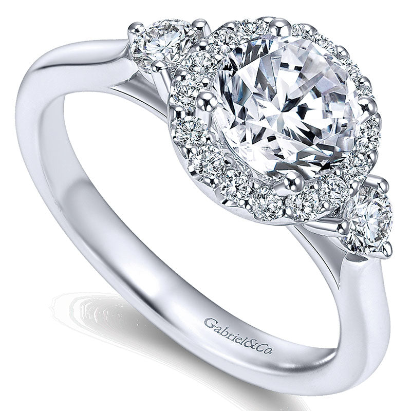 14K White Gold Diamond Round Pave Halo ANd Side Stone Setting 14K White Gold Engagement Ring ER7482W