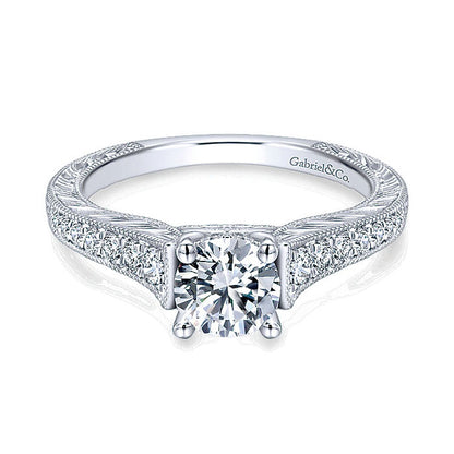 14K White Gold Diamond Straight Channel ANd Hand Cut Etched 14K White Gold Engagement Ring ER12282R3