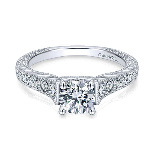 14K White Gold Diamond Straight Channel ANd Hand Cut Etched 14K White Gold Engagement Ring ER12282R3