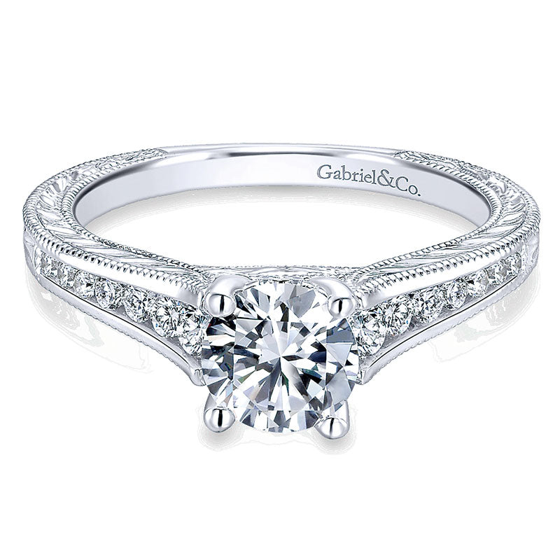 14K White Gold Diamond Straight Channel ANd Milgrain With Cathedral Setting 14K White Gold Engagemen