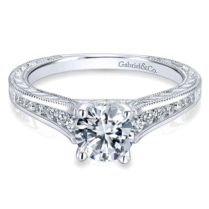 14K White Gold Diamond Straight Channel ANd Milgrain With Cathedral Setting 14K White Gold Engagemen