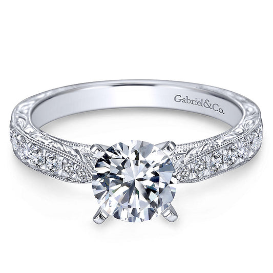 14K White Gold Diamond Straight Milgrain ANd Pave Channel 14K White Gold Engagement Ring ER7529W44Jj