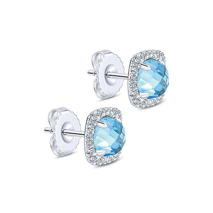 14k White Gold Diamond Swiss Blue Topaz Stud Earrings
