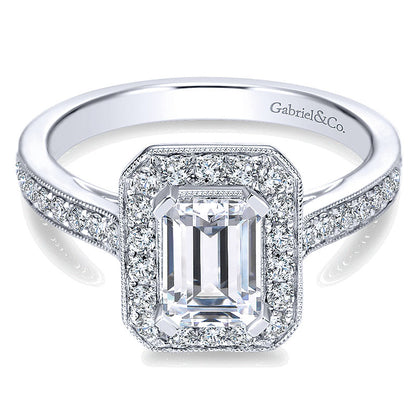 14K White Gold Emerald Cut Diamond Halo With Channel Setting 14K White Gold Engagement Ring ER7528W4