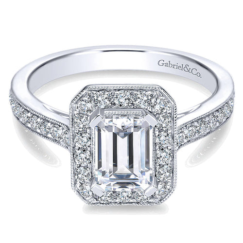 14K White Gold Emerald Cut Diamond Halo With Channel Setting 14K White Gold Engagement Ring ER7528W4