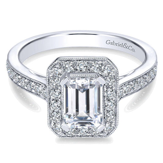 14K White Gold Emerald Cut Diamond Halo With Channel Setting 14K White Gold Engagement Ring ER7528W4