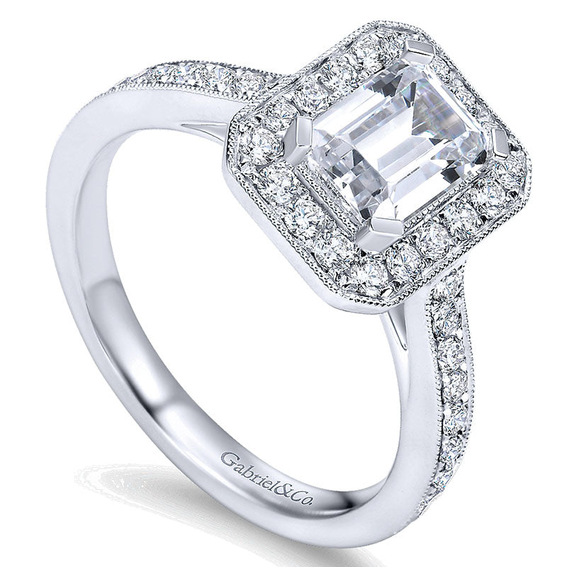 14K White Gold Emerald Cut Diamond Halo With Channel Setting 14K White Gold Engagement Ring ER7528W4