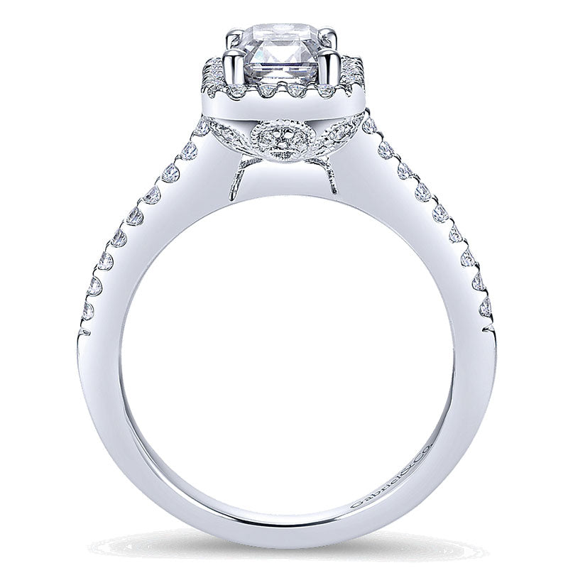 14K White Gold Emerald Cut Diamond Halo With Pave Shank 14K White Gold Engagement Ring ER5822W44Jj