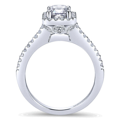 14K White Gold Emerald Cut Diamond Halo With Pave Shank 14K White Gold Engagement Ring ER5822W44Jj