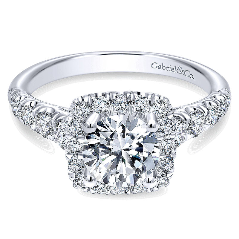 14K White Gold Graduating Pave ANd Round Diamond Halo 14K White Gold Engagement Ring ER10909W44Jj