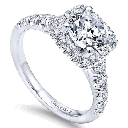 14K White Gold Graduating Pave ANd Round Diamond Halo 14K White Gold Engagement Ring ER10909W44Jj