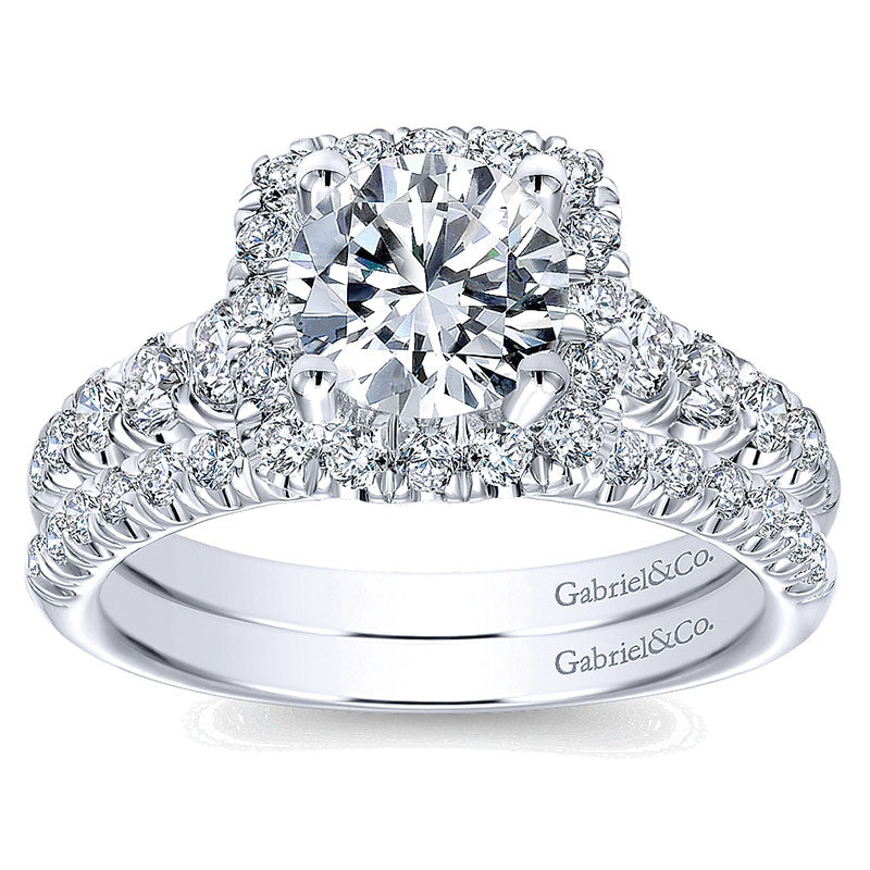 14K White Gold Graduating Pave ANd Round Diamond Halo 14K White Gold Engagement Ring ER10909W44Jj