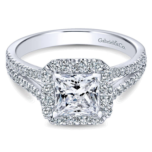 14K White Gold Halo ANd Pave Split Shank Diamond 14K White Gold Engagement Ring ER7277W44Jj