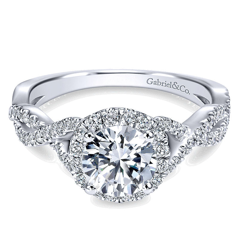 14K White Gold Halo ANd Twisted Diamond Pave Shank 14K White Gold Engagement Ring ER7543W44Jj
