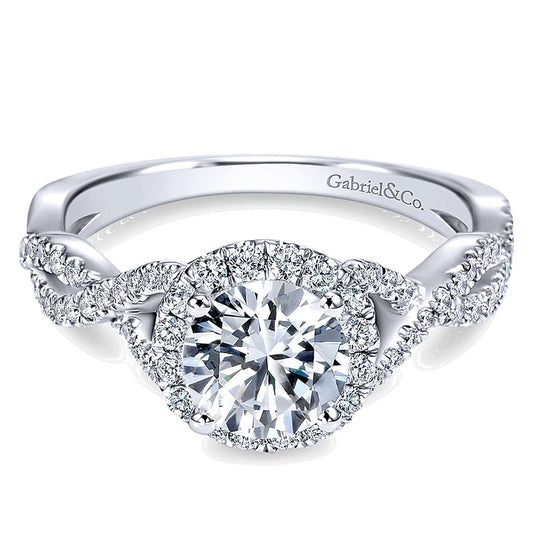 14K White Gold Halo ANd Twisted Diamond Pave Shank 14K White Gold Engagement Ring ER7543W44Jj