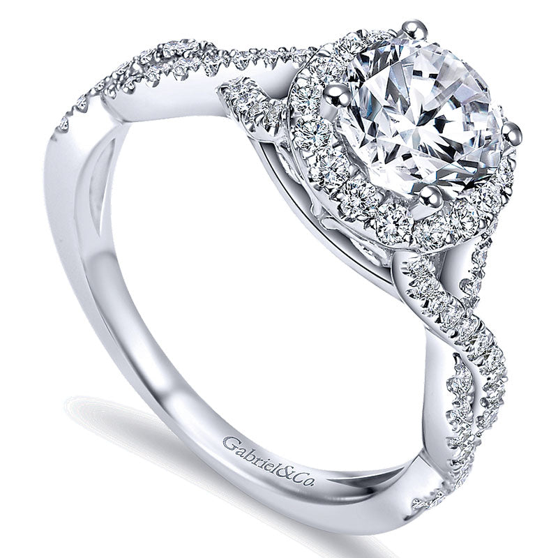 14K White Gold Halo ANd Twisted Diamond Pave Shank 14K White Gold Engagement Ring ER7543W44Jj