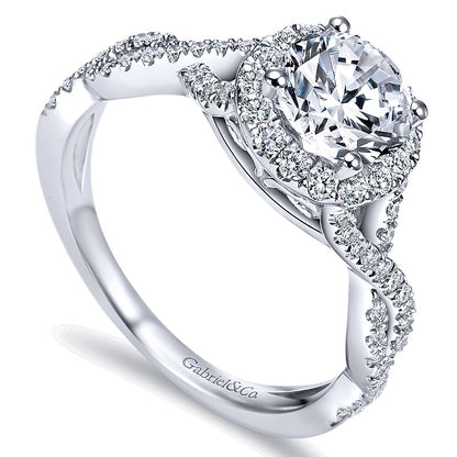 14K White Gold Halo ANd Twisted Diamond Pave Shank 14K White Gold Engagement Ring ER7543W44Jj