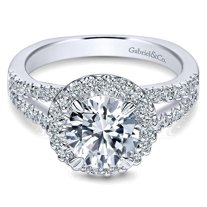 14K White Gold Pave Diamond Halo With European Split Shank 14K White Gold Engagement Ring ER4112W44J