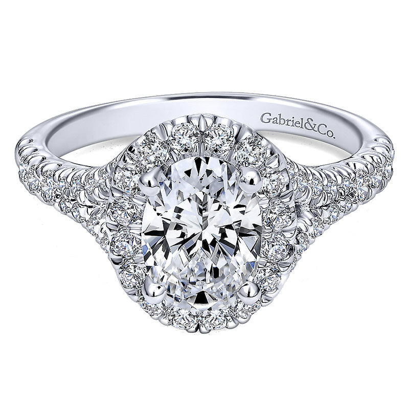 14K White Gold Pave Shank ANd Oval Diamond Halo 14K White Gold Engagement Ring ER10291W44Jj