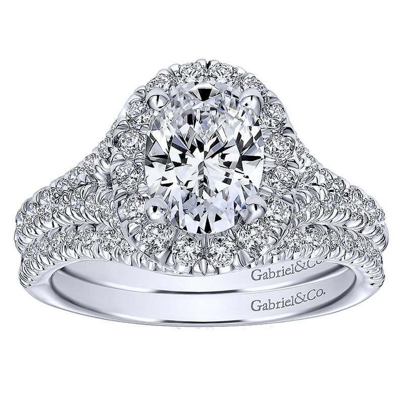 14K White Gold Pave Shank ANd Oval Diamond Halo 14K White Gold Engagement Ring ER10291W44Jj