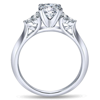 14K White Gold Round Diamond ANd 3 Side Stones With Knife Edge Band 14K White Gold Engagement Ring E