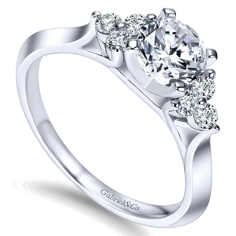 14K White Gold Round Diamond ANd 3 Side Stones With Knife Edge Band 14K White Gold Engagement Ring E