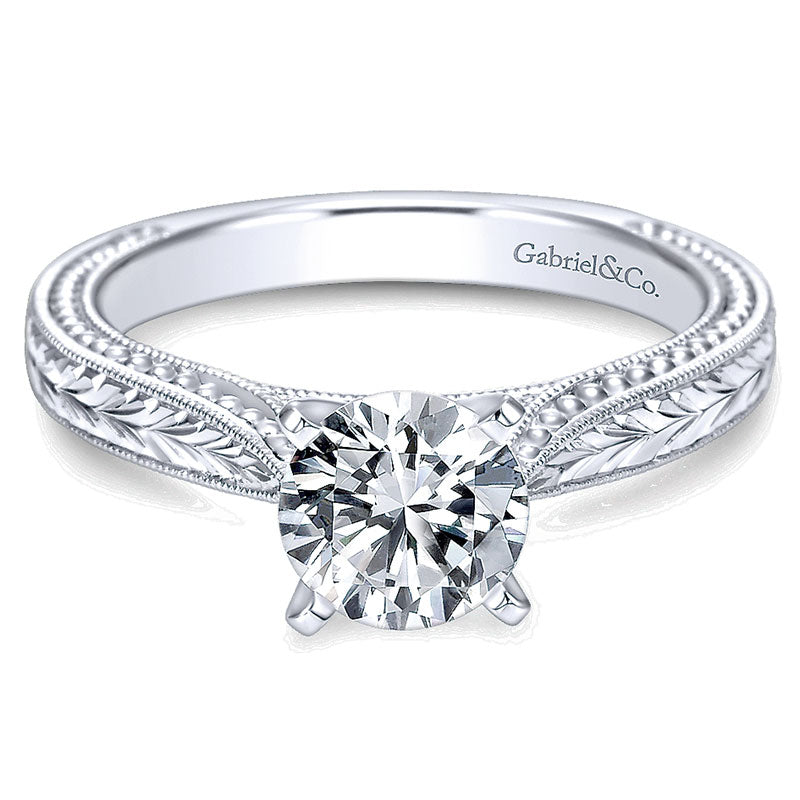 14K White Gold Straight Hand Cut Etching With Cathedral Setting 14K White Gold Engagement Ring ER663