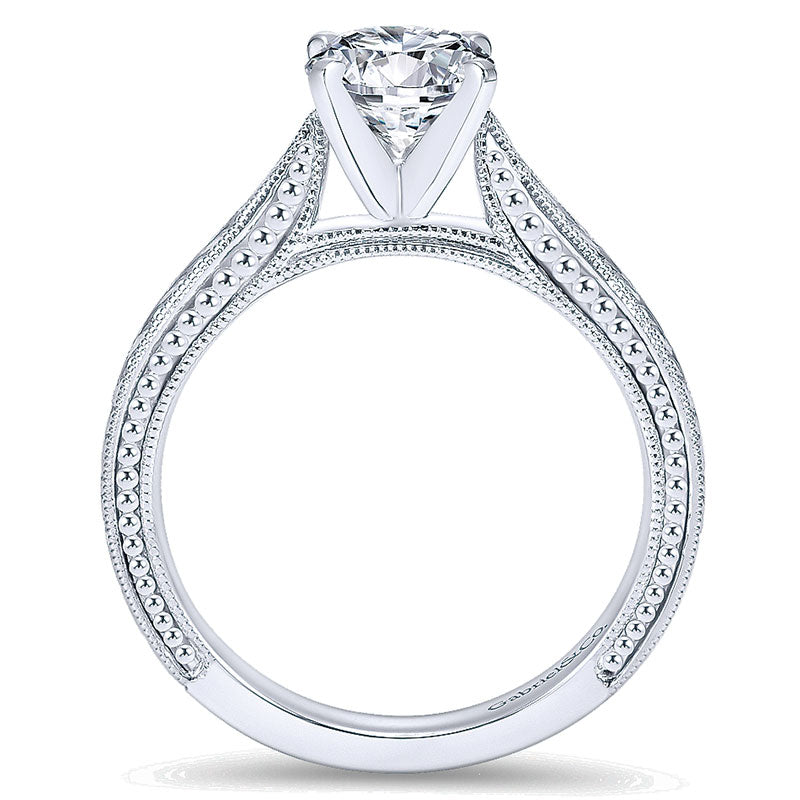 14K White Gold Straight Hand Cut Etching With Cathedral Setting 14K White Gold Engagement Ring ER663