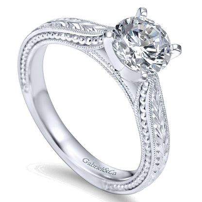 14K White Gold Straight Hand Cut Etching With Cathedral Setting 14K White Gold Engagement Ring ER663