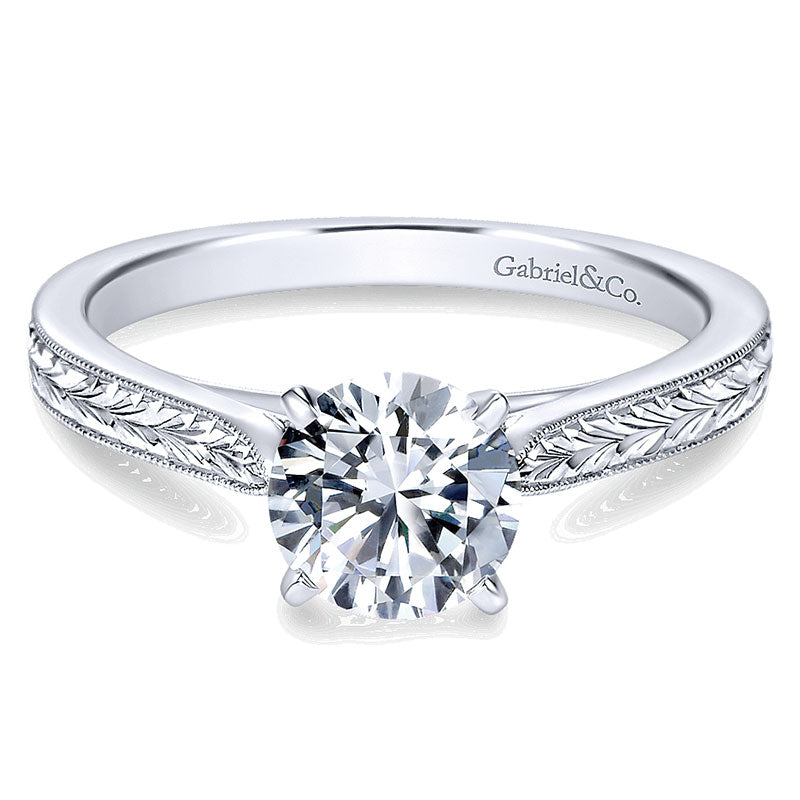 14K White Gold Straight Milgrain ANd Hand Etched 14K White Gold Engagement Ring ER7223W4Jjj