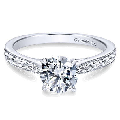 14K White Gold Straight Milgrain ANd Hand Etched 14K White Gold Engagement Ring ER7223W4Jjj