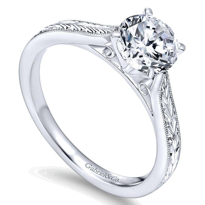 14K White Gold Straight Milgrain ANd Hand Etched 14K White Gold Engagement Ring ER7223W4Jjj