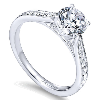 14K White Gold Straight Milgrain ANd Hand Etched 14K White Gold Engagement Ring ER7223W4Jjj