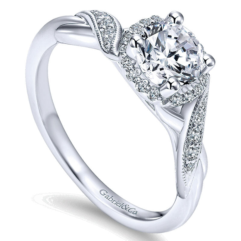14K White Gold Twisted Shank Diamond Halo 14K White Gold Engagement Ring ER11828R3W44Jj