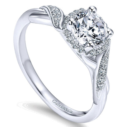 14K White Gold Twisted Shank Diamond Halo 14K White Gold Engagement Ring ER11828R3W44Jj