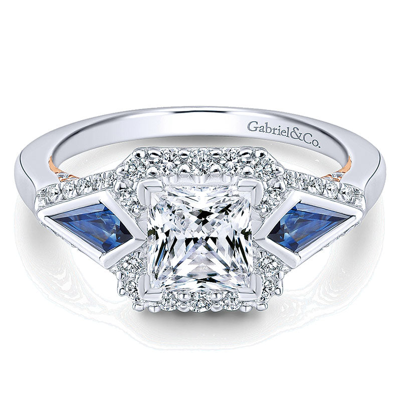 14K White/Pink Gold Diamond ANd SApphire 3 Stones Halo Two-Tone Engagement Ring ER12821S4T44SA
