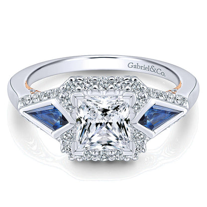 14K White/Pink Gold Diamond ANd SApphire 3 Stones Halo Two-Tone Engagement Ring ER12821S4T44SA
