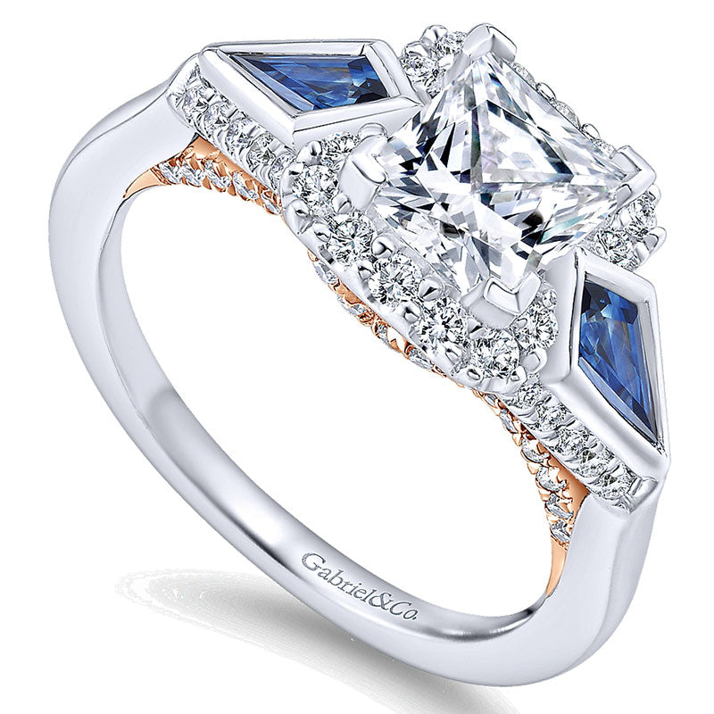 14K White/Pink Gold Diamond ANd SApphire 3 Stones Halo Two-Tone Engagement Ring ER12821S4T44SA