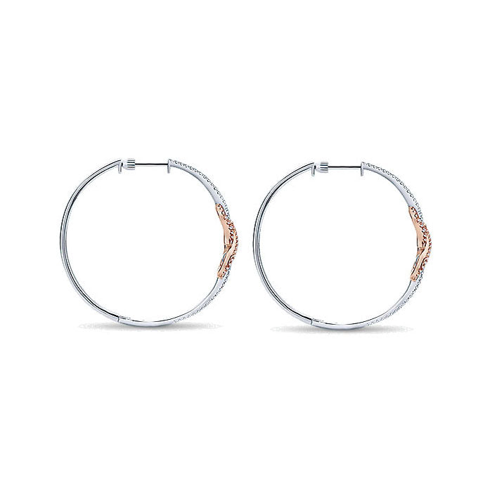 14k White/pink Gold Diamond Intricate Hoop Earrings