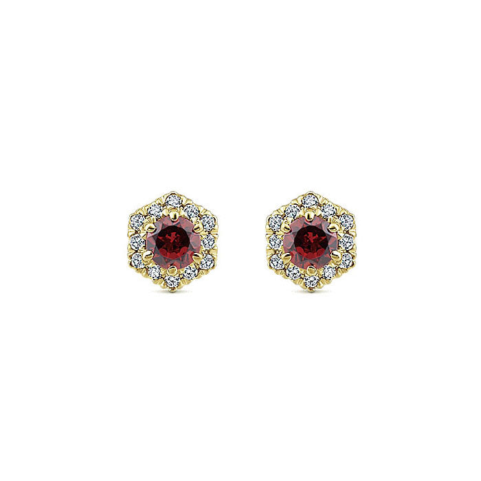 14k Yellow Gold Diamond Garnet Stud Earrings