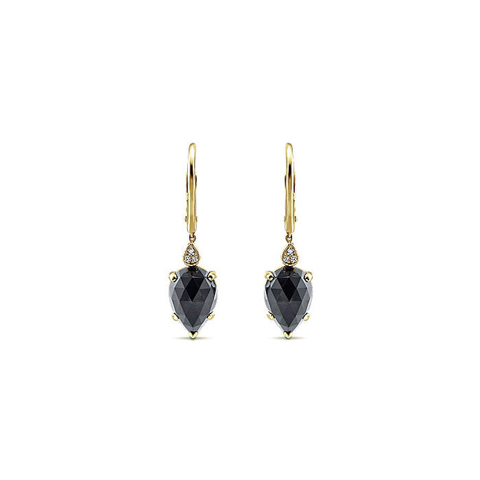 14k Yellow Gold Diamond Onyx Drop Earrings