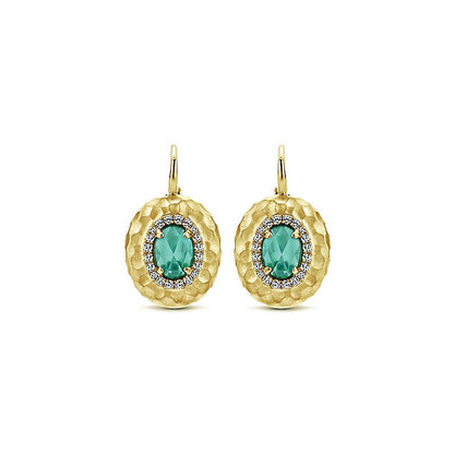 14k Yellow Gold Diamond Rock Crystal&green Onyx Drop Earrings