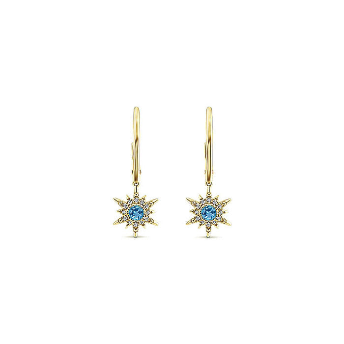 14k Yellow Gold Diamond Swiss Blue Topaz Drop Earrings
