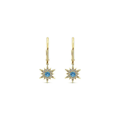 14k Yellow Gold Diamond Swiss Blue Topaz Drop Earrings