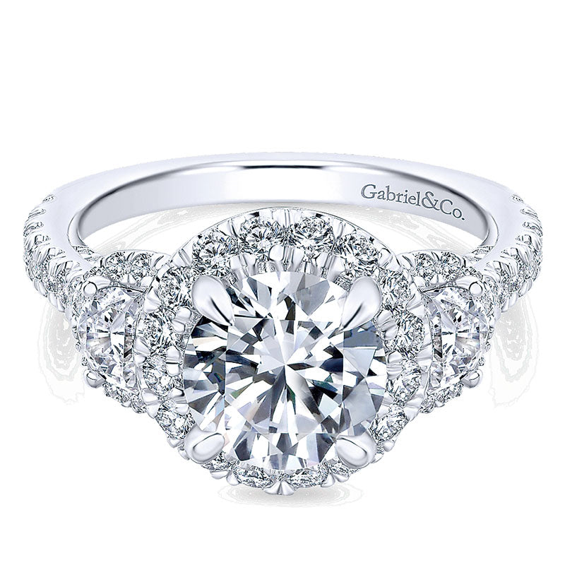 18K White Gold Diamond 3 Stones Halo 18K White Gold Engagement Ring ER13441R6W84Jj
