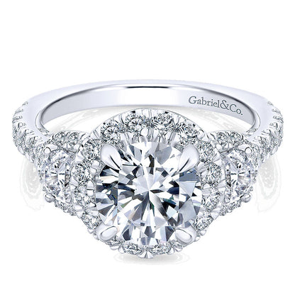 18K White Gold Diamond 3 Stones Halo 18K White Gold Engagement Ring ER13441R6W84Jj
