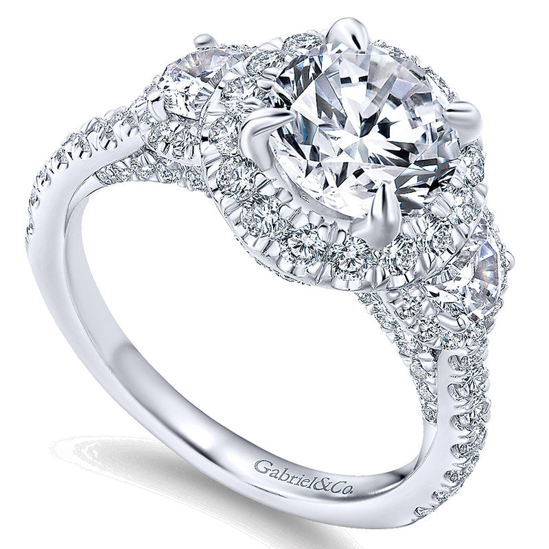 18K White Gold Diamond 3 Stones Halo 18K White Gold Engagement Ring ER13441R6W84Jj