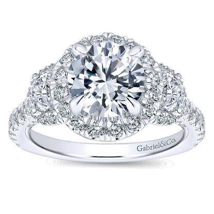 18K White Gold Diamond 3 Stones Halo 18K White Gold Engagement Ring ER13441R6W84Jj