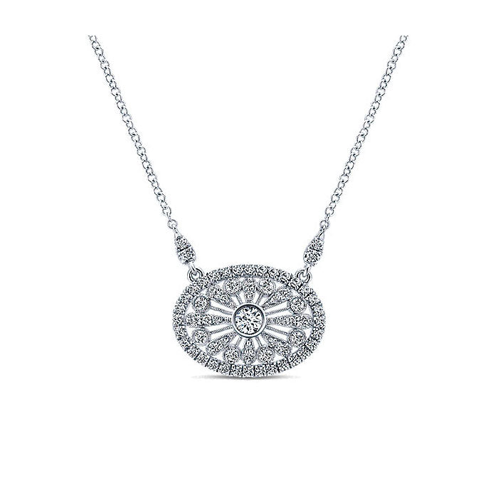 Necklace 18k White Gold East West Oval Pendant Diamond Fashion Necklace